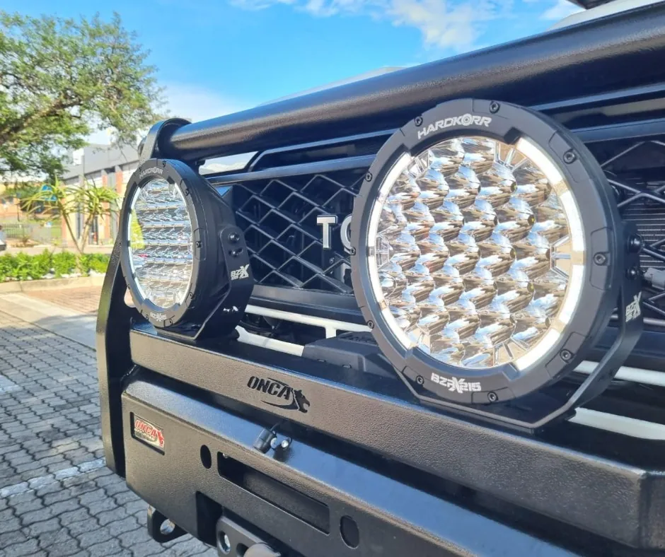 Hardkorr 9-inch LED spotlights mounted on the Onca bull bar — Foxtrot Cruiser — Onca & Gobi-X Land Cruiser 79, fitted by Venture 4x4 in Nelspruit