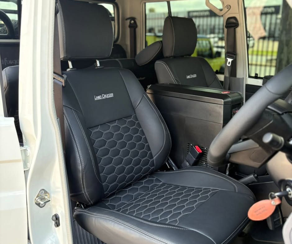 Honeycomb leather seat upholstery — Bravo Cruiser — ARB & Onca Equipped Land Cruiser 79, fitted by Venture 4x4 in Nelspruit