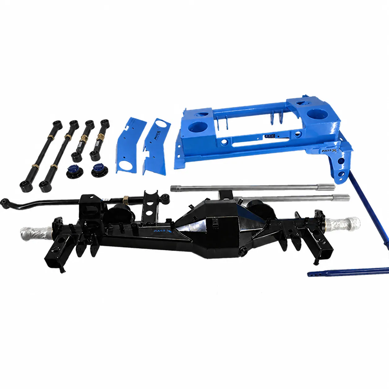 JMACX coil conversion kit components laid out: blue structural cradle, chassis side plates, trailing arms, panhard rod, sway bar, axle shafts and wide-track differential housing