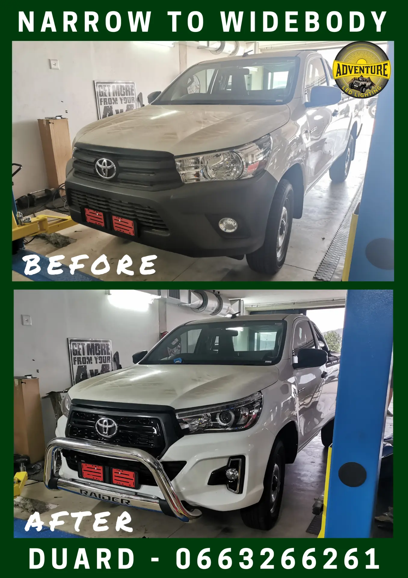 Toyota Hilux single cab before and after narrow body to widebody conversion with wide arches and Raider grille
