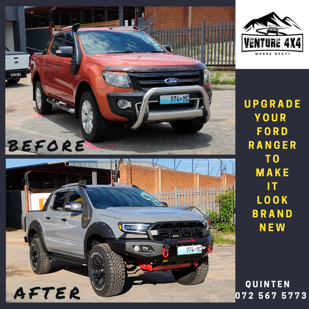 Ford Ranger Wildtrak 2014 before and after conversion to a T7 Raptor-style front end with Hamer bumper and LED headlights