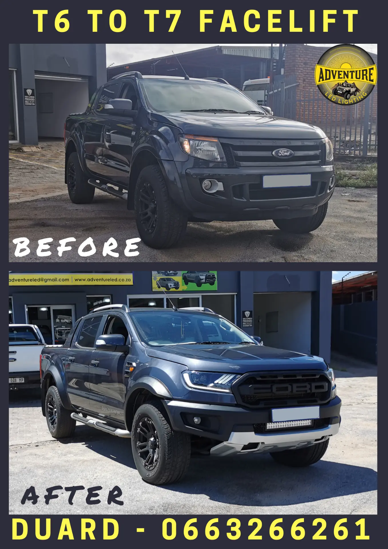 Ford Ranger Wildtrak T6 2013 before and after T6 to T7 facelift conversion with Raptor-style grille and LED headlights