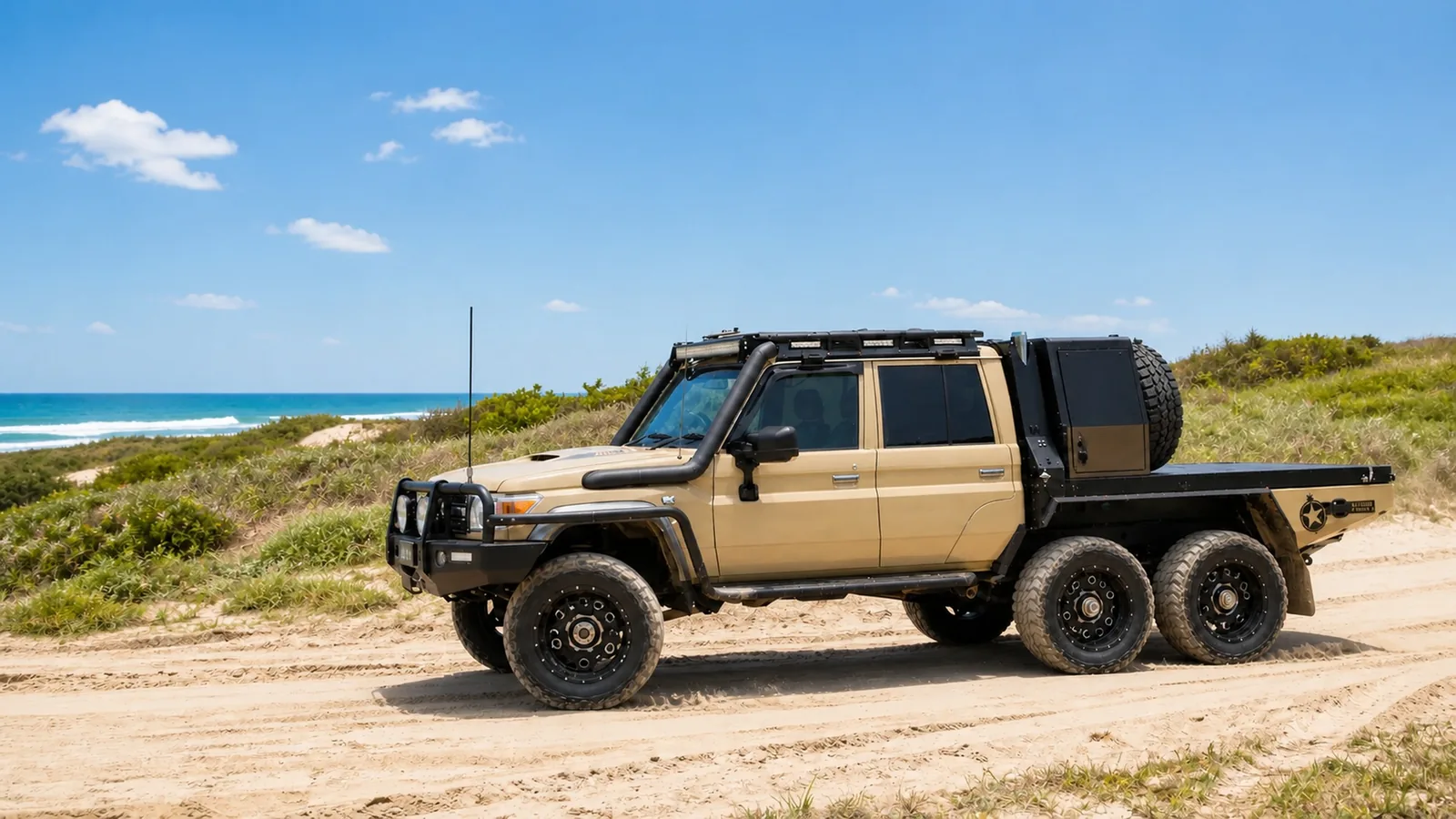 JMACX 6x6 Land Cruiser 79 on a coastal sand track